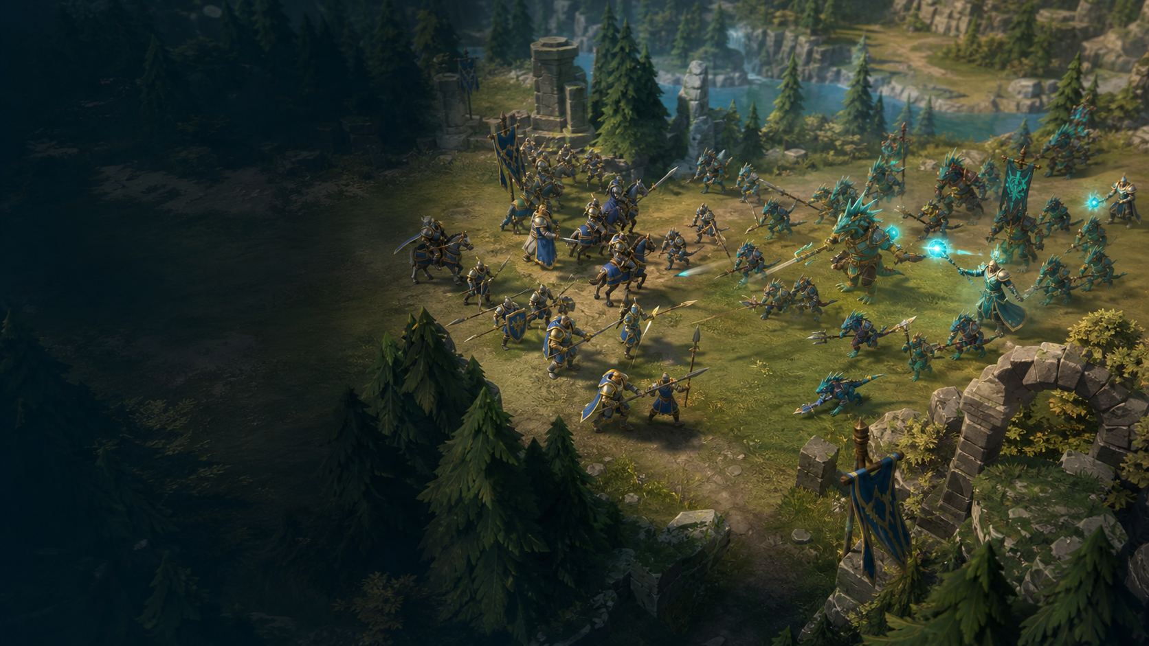 Arena RTS match with units fighting across a fantasy battlefield